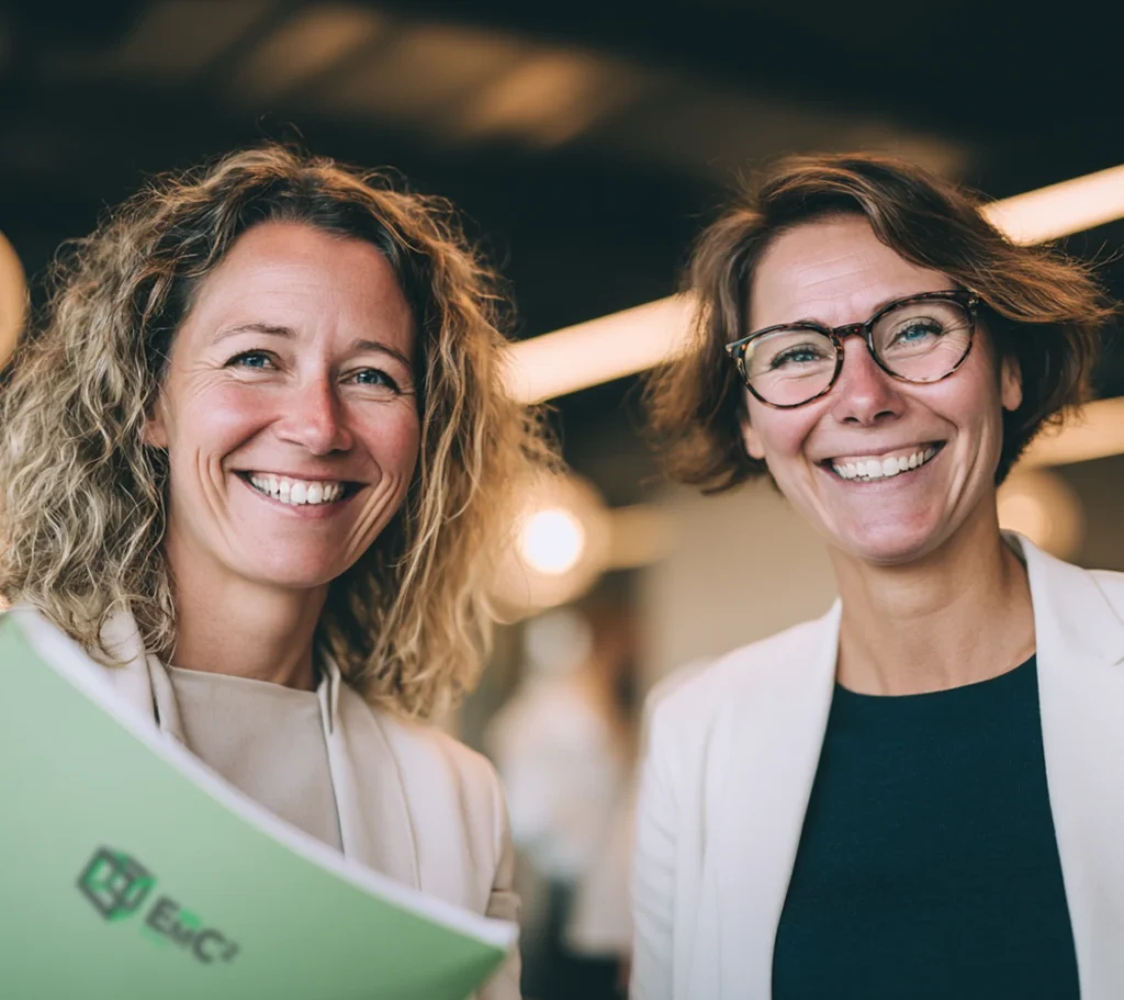 Twee teamleden van E=MC² Facilitair die samenwerken in een moderne kantooromgeving.